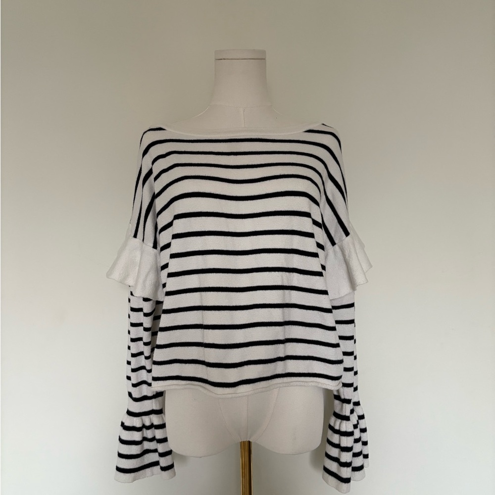 Zara Navy and White sweater with ruffle sleeves